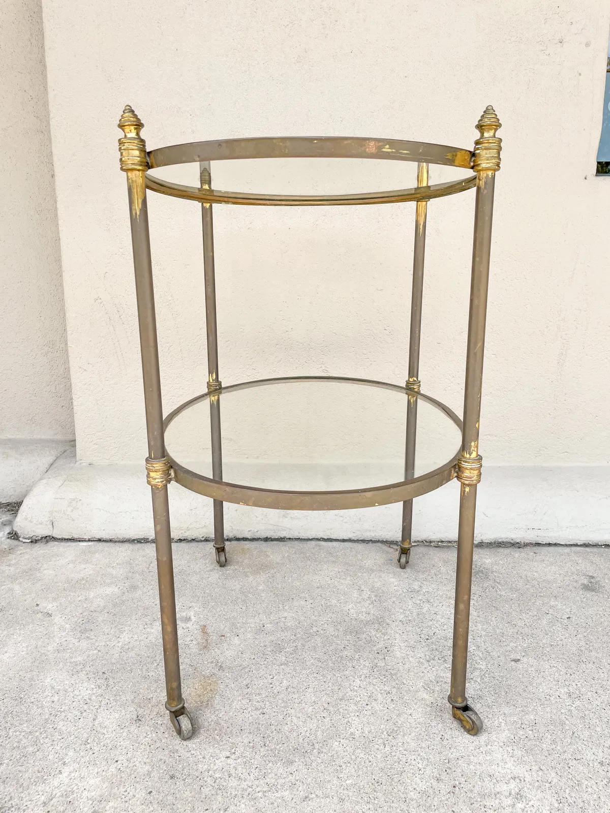 Antique French Ovular Brass Bar Trolly with Glass Shelves