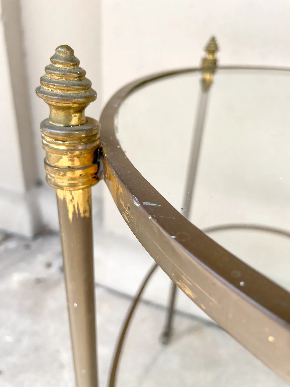 Antique French Ovular Brass Bar Trolly with Glass Shelves