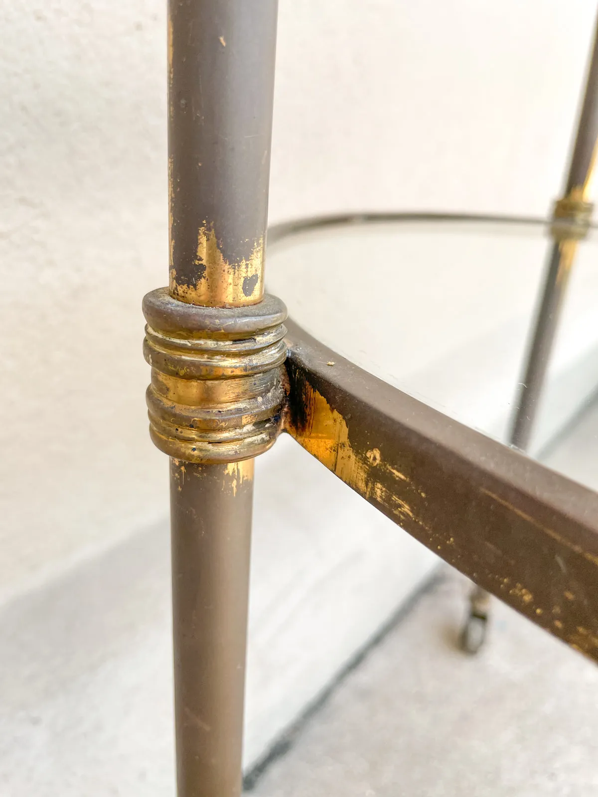 Antique French Ovular Brass Bar Trolly with Glass Shelves