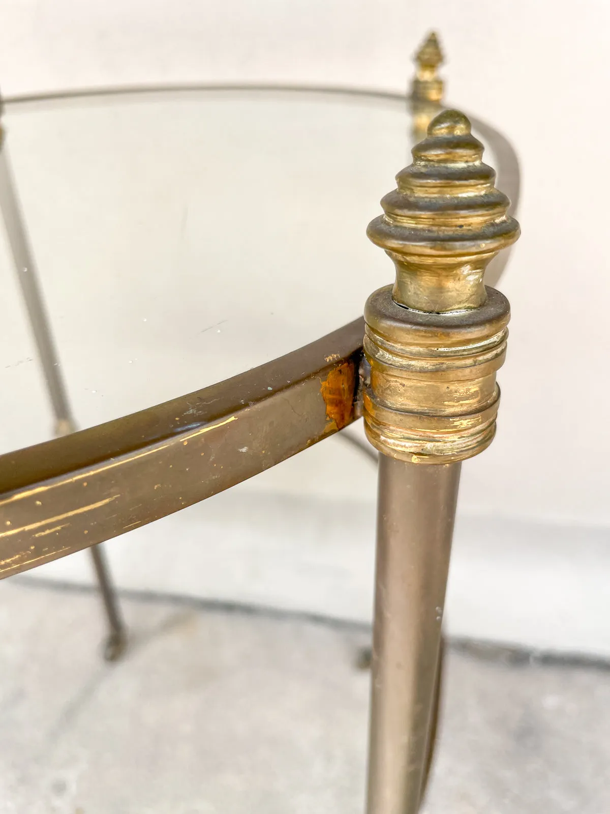 Antique French Ovular Brass Bar Trolly with Glass Shelves