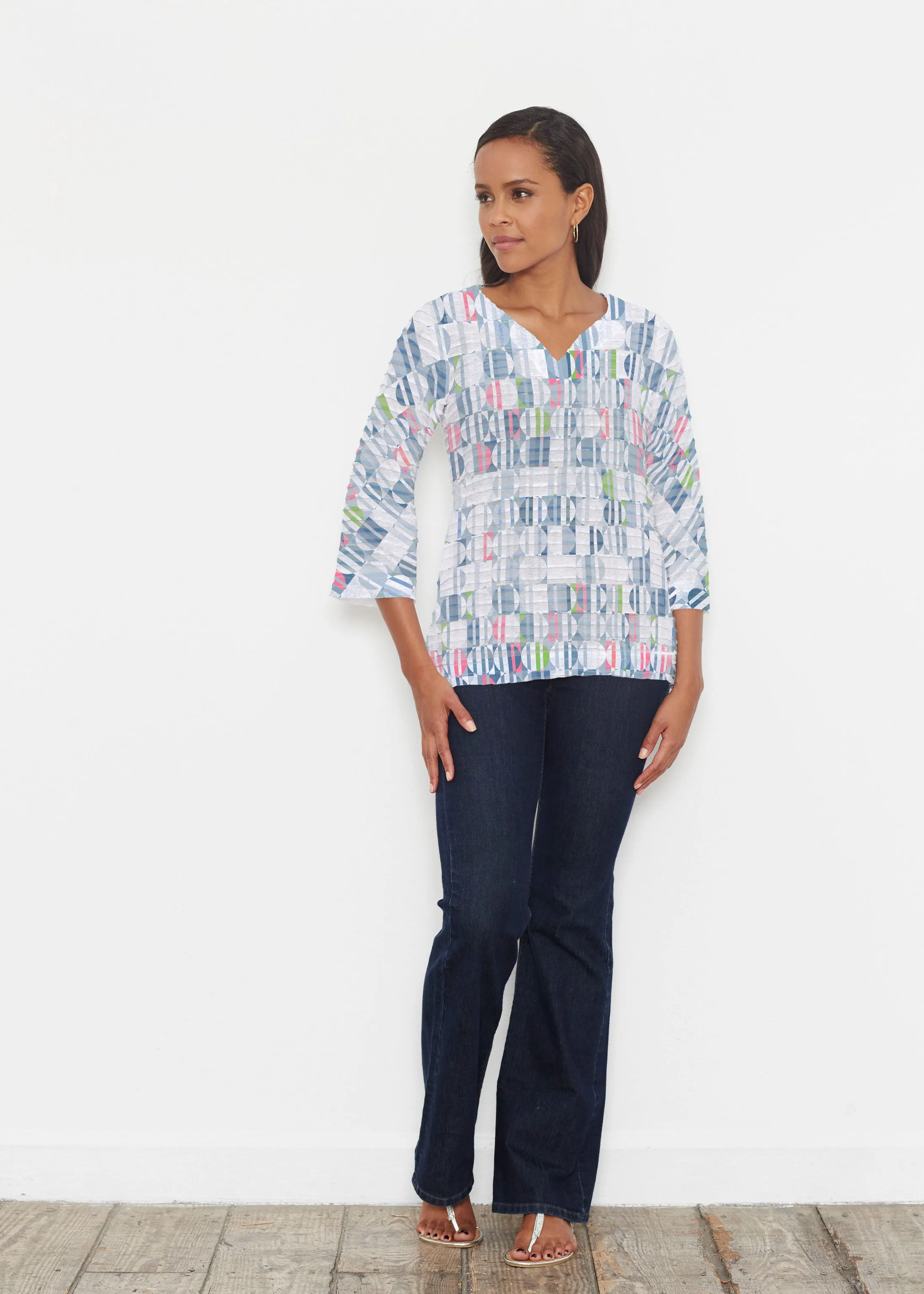 Around We Go (8012) ~ Banded 3/4 Bell-Sleeve V-Neck Tunic