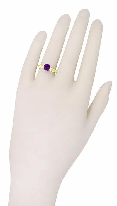 Art Deco Carved Scrolls Filigree Crown Solitaire Amethyst Engagement Ring in 18 Karat Yellow Gold