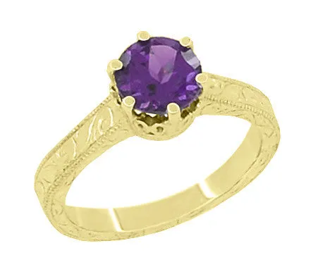 Art Deco Carved Scrolls Filigree Crown Solitaire Amethyst Engagement Ring in 18 Karat Yellow Gold