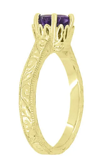 Art Deco Carved Scrolls Filigree Crown Solitaire Amethyst Engagement Ring in 18 Karat Yellow Gold