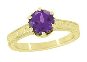 Art Deco Carved Scrolls Filigree Crown Solitaire Amethyst Engagement Ring in 18 Karat Yellow Gold