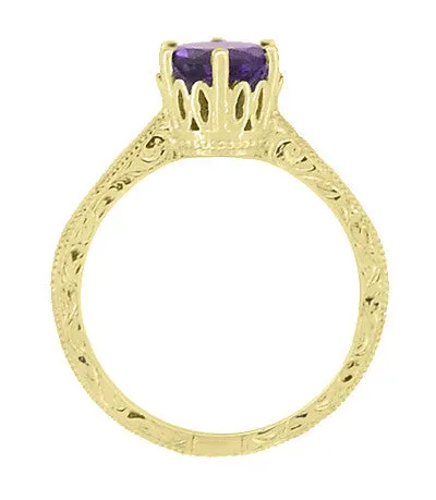 Art Deco Carved Scrolls Filigree Crown Solitaire Amethyst Engagement Ring in 18 Karat Yellow Gold