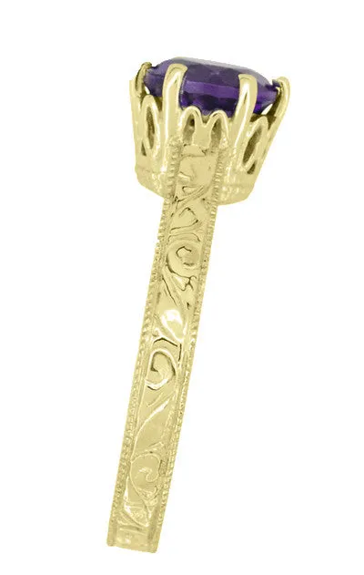 Art Deco Carved Scrolls Filigree Crown Solitaire Amethyst Engagement Ring in 18 Karat Yellow Gold