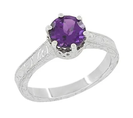Art Deco Scrolls Regal Filigree Crown Solitaire Amethyst Engagement Ring in 18 Karat White Gold