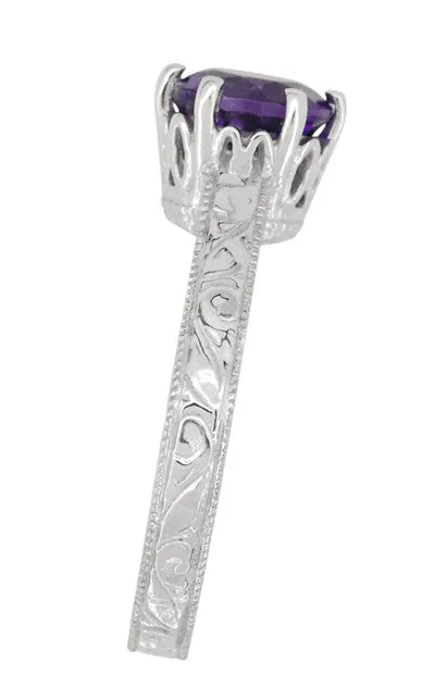Art Deco Scrolls Regal Filigree Crown Solitaire Amethyst Engagement Ring in 18 Karat White Gold