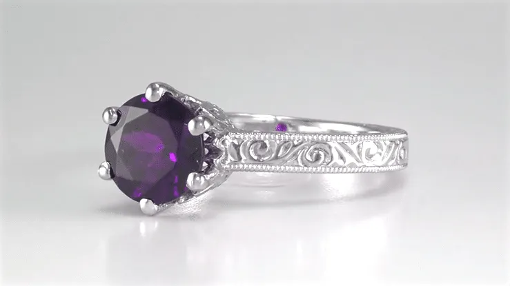 Art Deco Scrolls Regal Filigree Crown Solitaire Amethyst Engagement Ring in 18 Karat White Gold