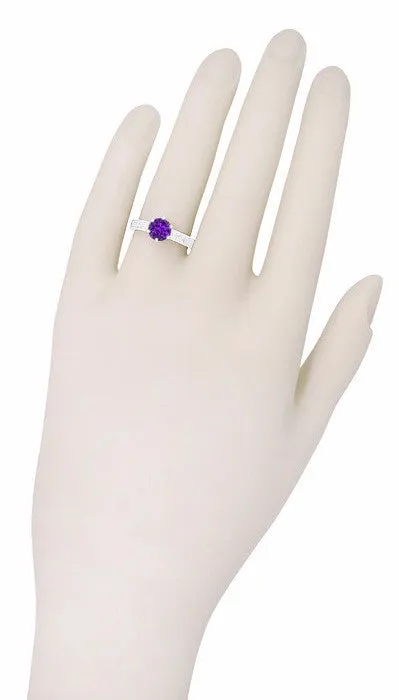 Art Deco Scrolls Regal Filigree Crown Solitaire Amethyst Engagement Ring in 18 Karat White Gold