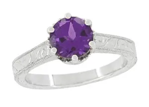Art Deco Scrolls Regal Filigree Crown Solitaire Amethyst Engagement Ring in 18 Karat White Gold