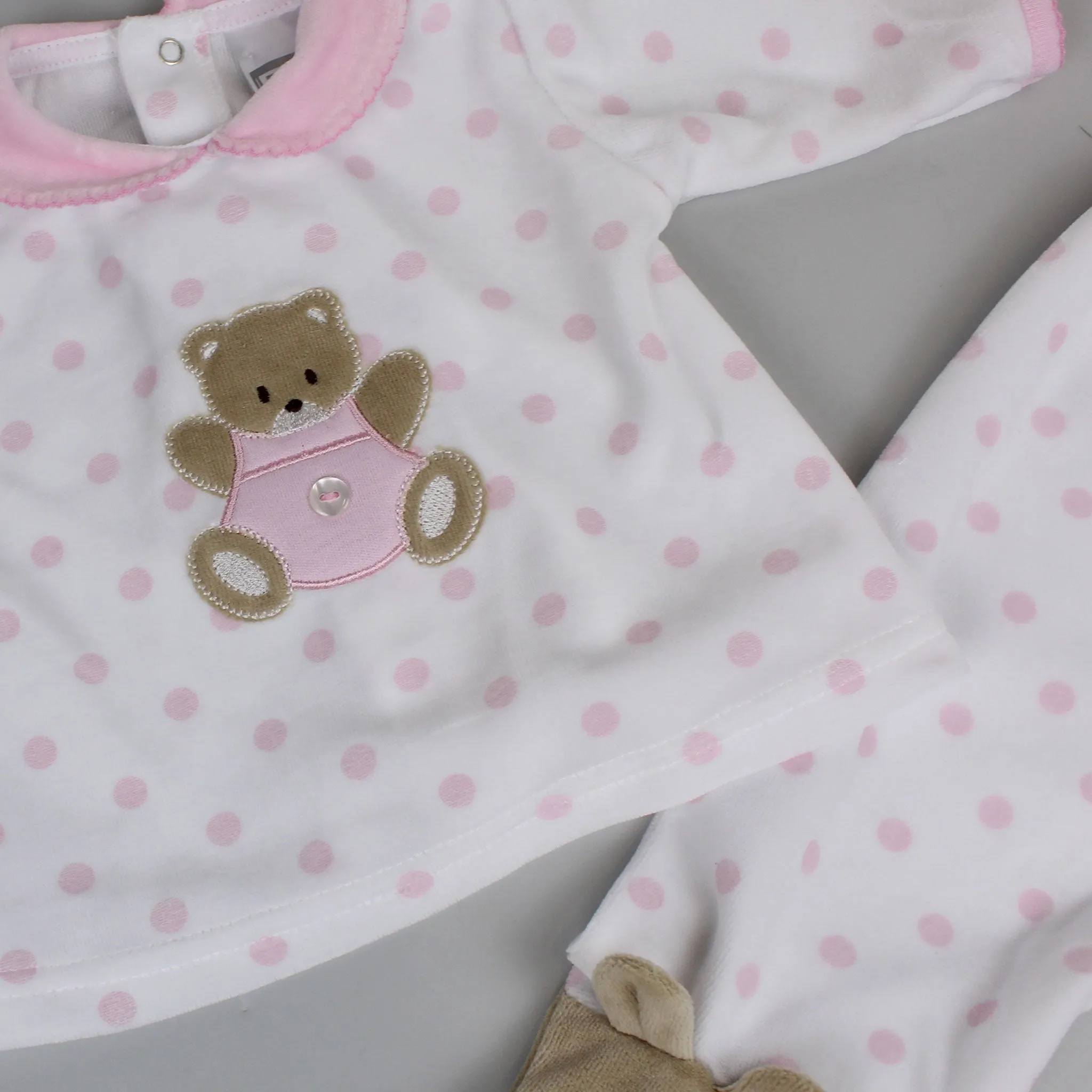 Baby Girls Teddy Polka Dot Velour Snuggle Outfit - Pink and White - Pex