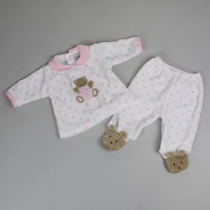 Baby Girls Teddy Polka Dot Velour Snuggle Outfit - Pink and White - Pex