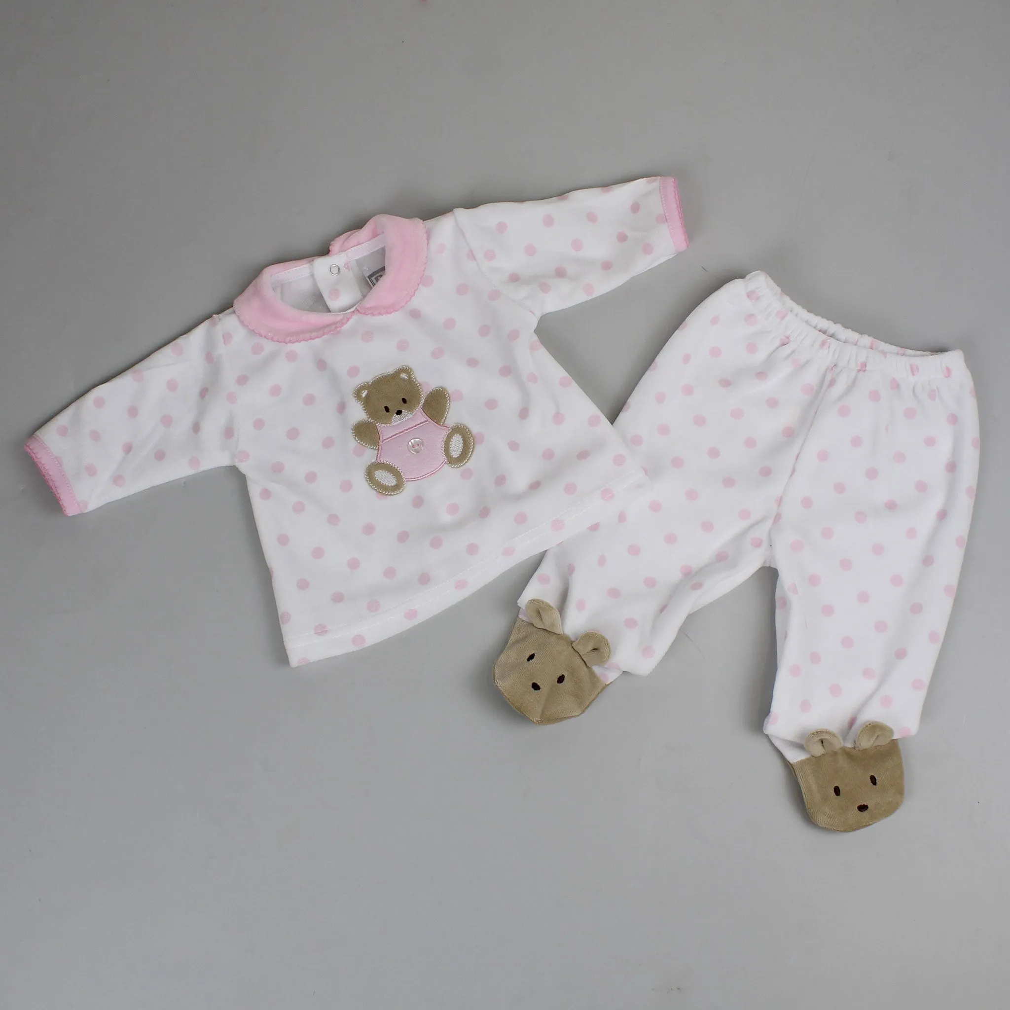 Baby Girls Teddy Polka Dot Velour Snuggle Outfit - Pink and White - Pex