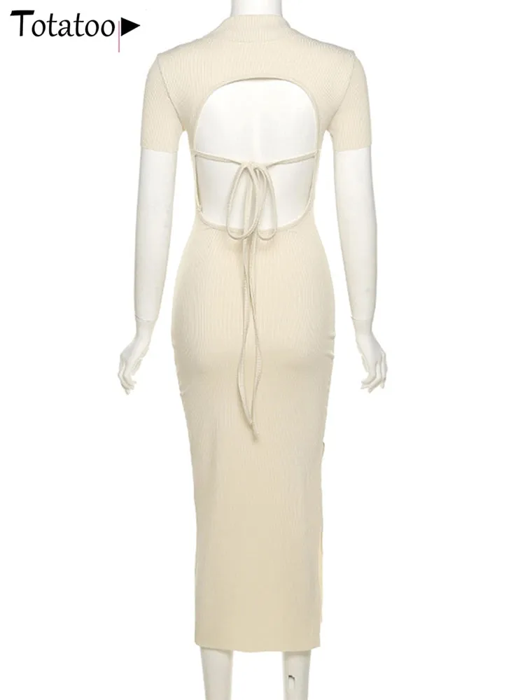 Backless Lace Up Bandage Rib Knitted Maxi Dress