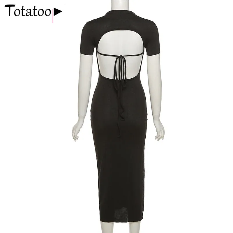 Backless Lace Up Bandage Rib Knitted Maxi Dress