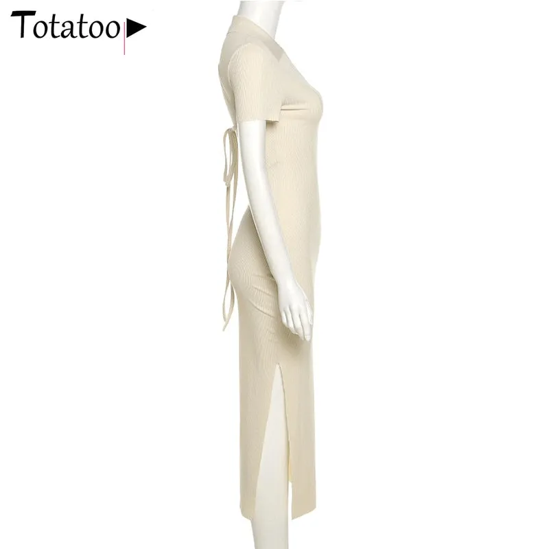 Backless Lace Up Bandage Rib Knitted Maxi Dress