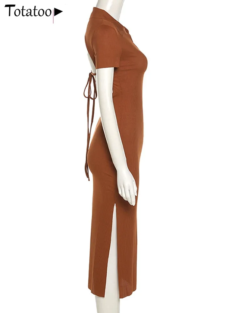 Backless Lace Up Bandage Rib Knitted Maxi Dress