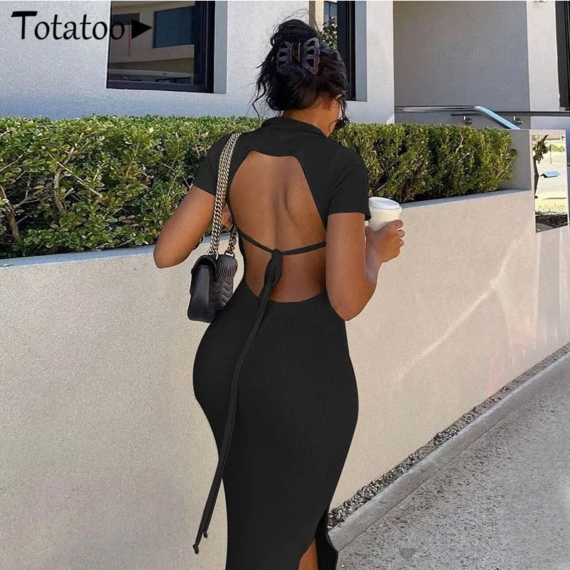 Backless Lace Up Bandage Rib Knitted Maxi Dress