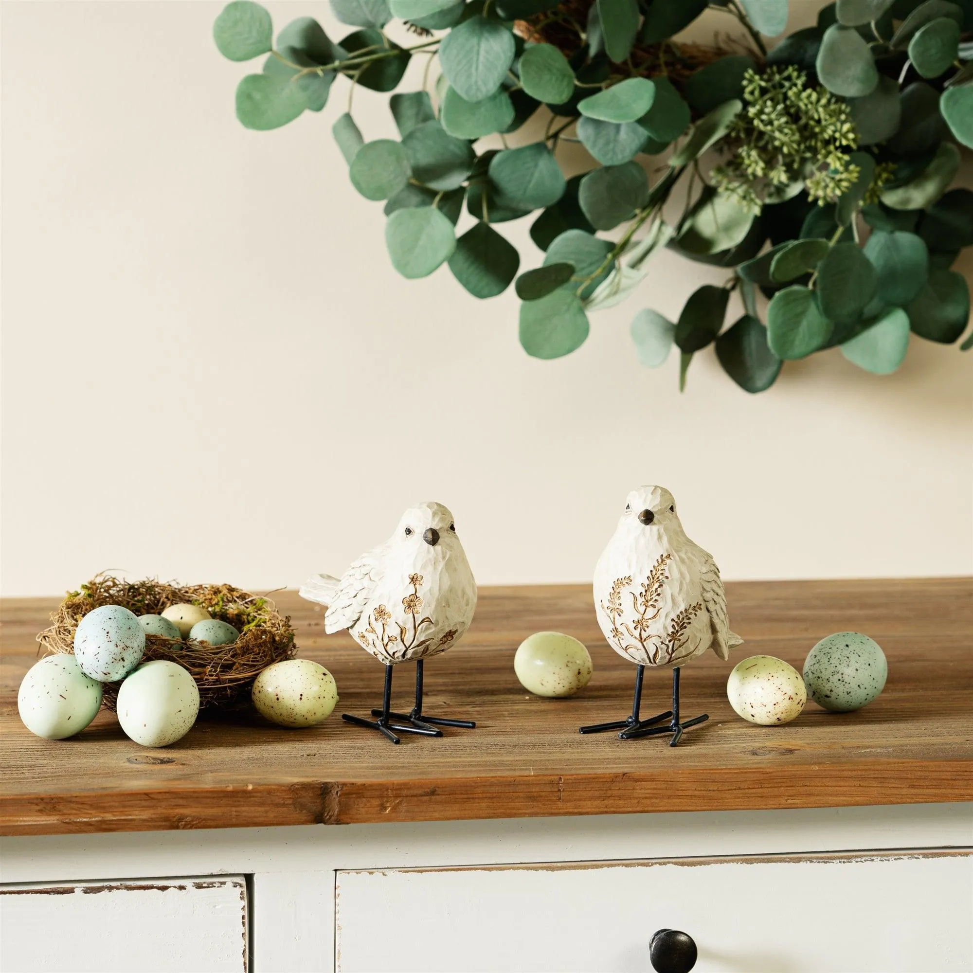 Bird Figurine with Carved Floral Design (Set of 2)