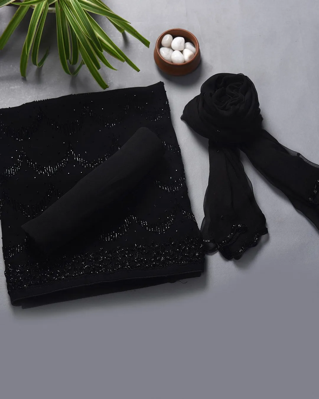 Black Georgette Embroidered Unstitched Suit Fabric Set With Chiffon Dupatta