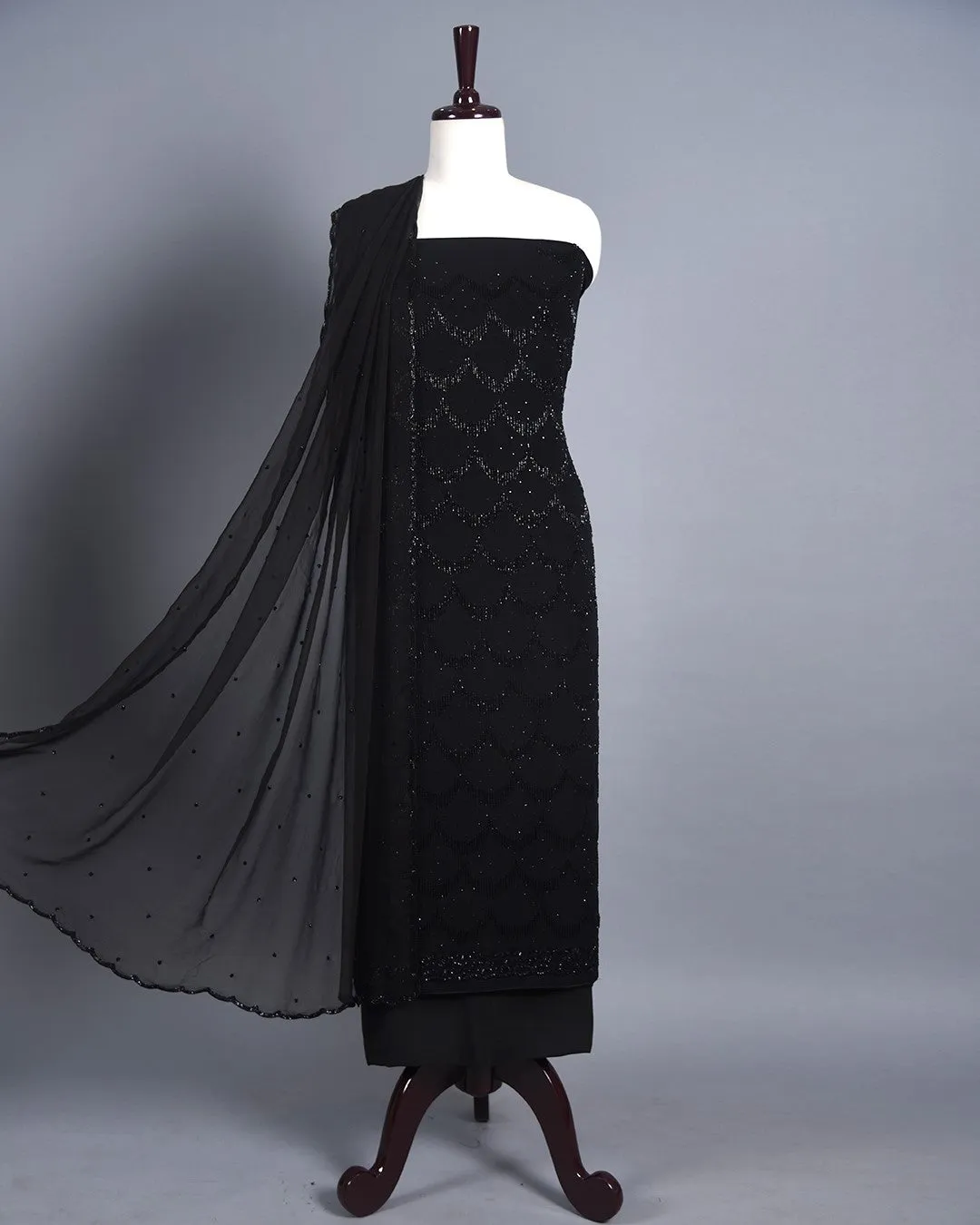 Black Georgette Embroidered Unstitched Suit Fabric Set With Chiffon Dupatta