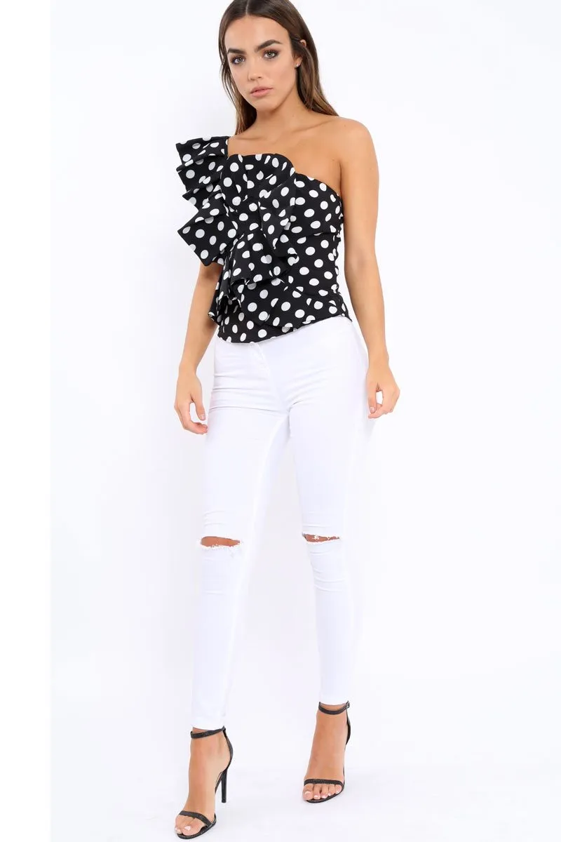 Black One Shoulder Polka Dot Top with Ruffles - Secilia