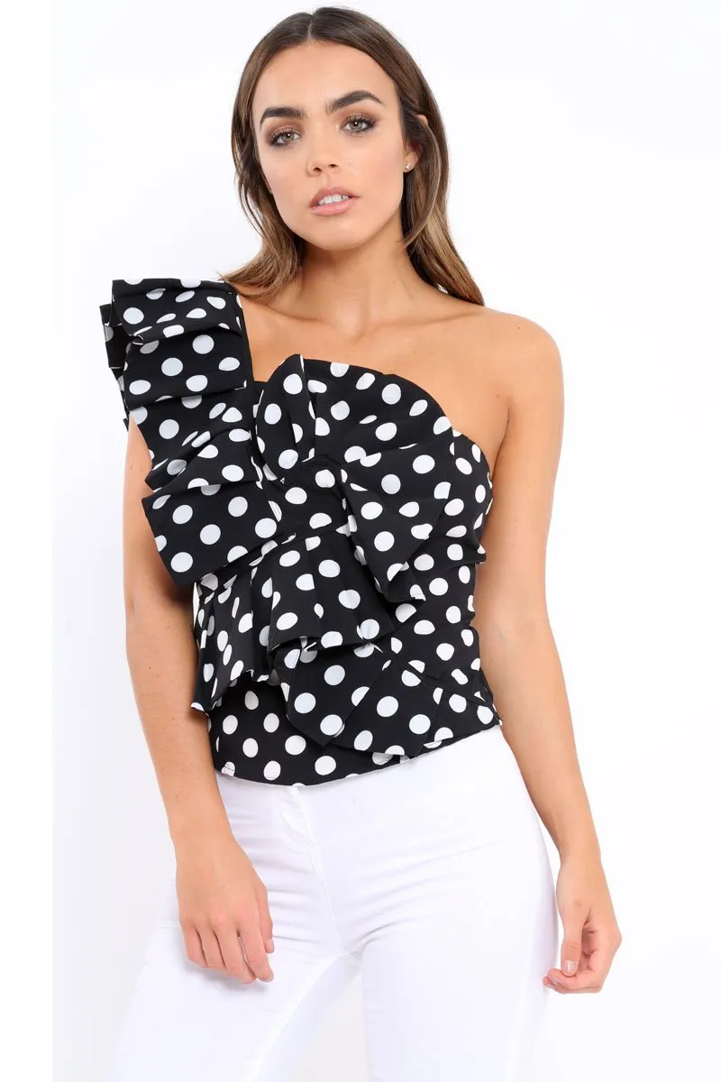 Black One Shoulder Polka Dot Top with Ruffles - Secilia