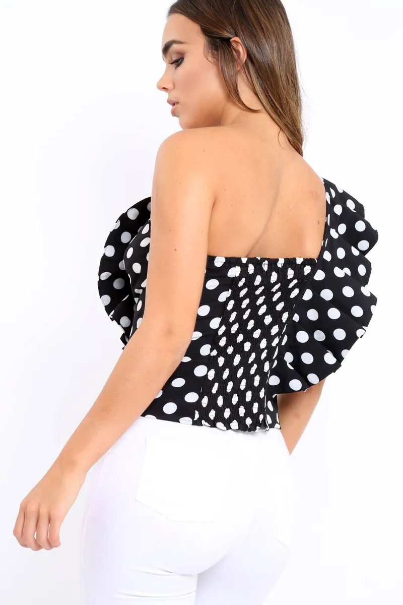 Black One Shoulder Polka Dot Top with Ruffles - Secilia