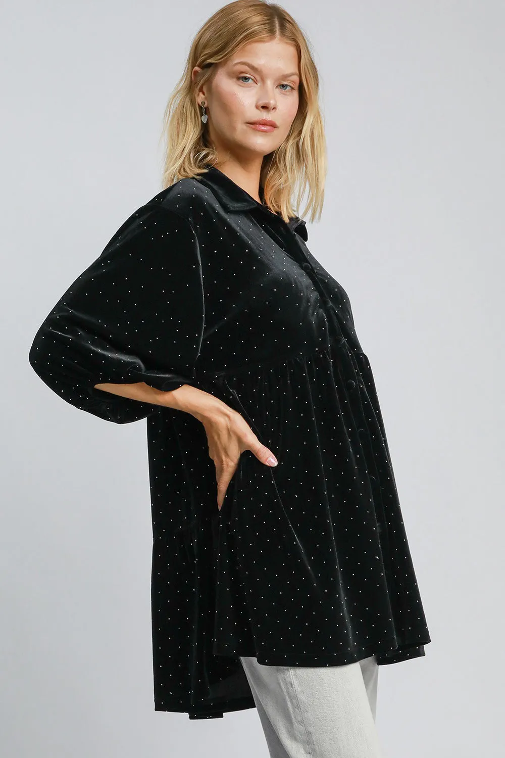 Black Polka Dot Button Up Half Sleeve Shirt