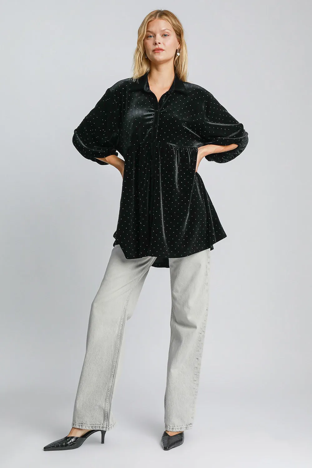 Black Polka Dot Button Up Half Sleeve Shirt