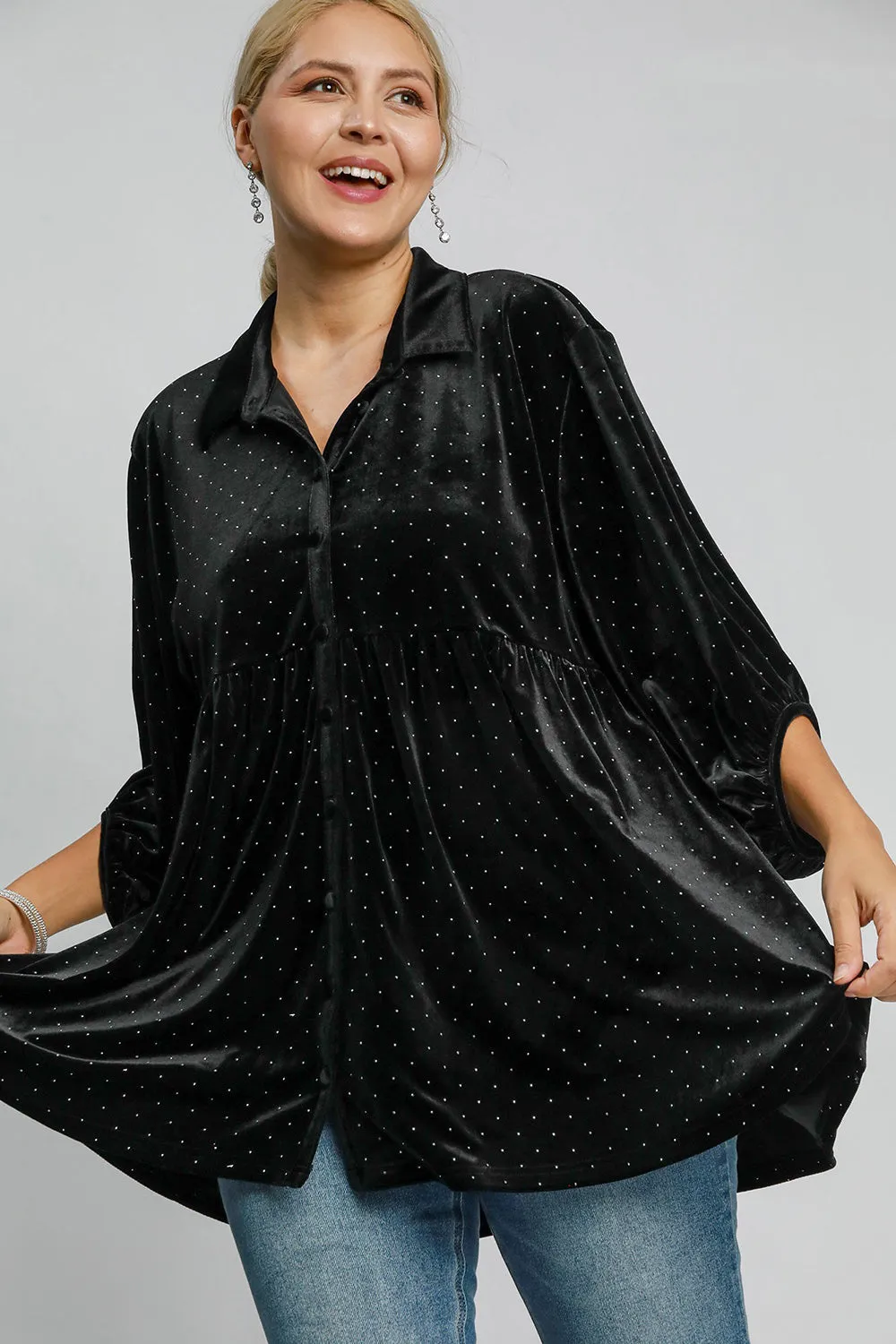 Black Polka Dot Button Up Half Sleeve Shirt