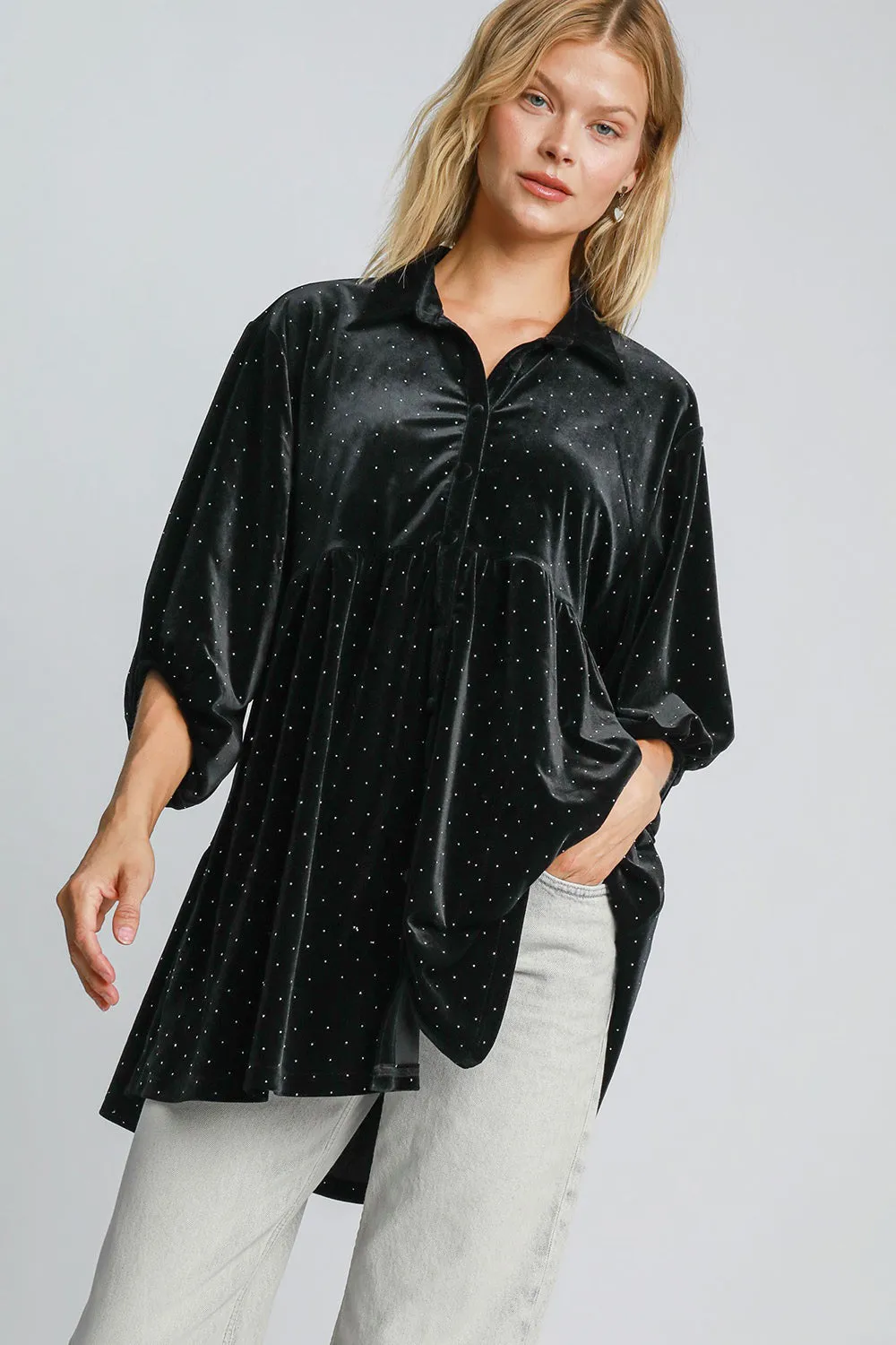 Black Polka Dot Button Up Half Sleeve Shirt