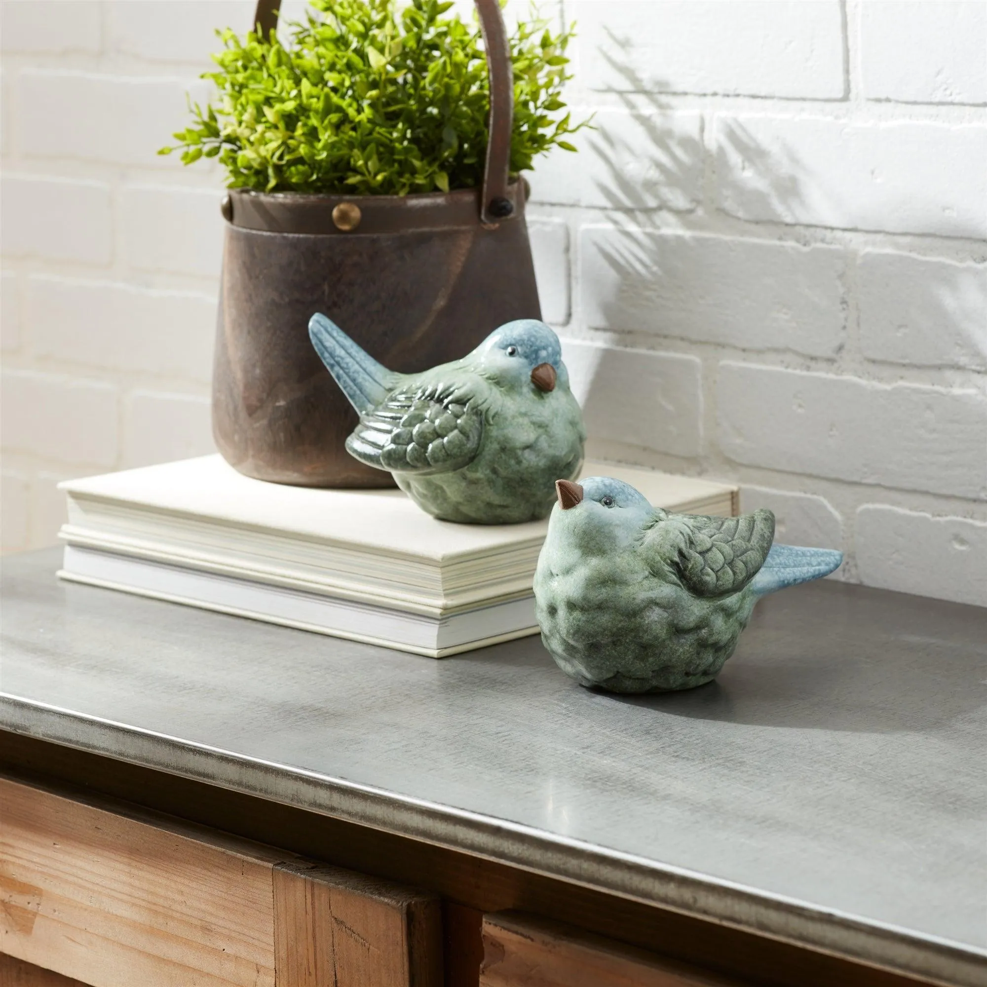 Blue and Green Terra Cotta Bird Figurine (Set of 2)