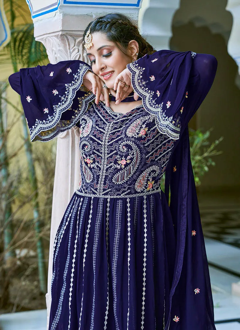 Blue Multi Thread Embroidery Anarkali Palazzo Suit