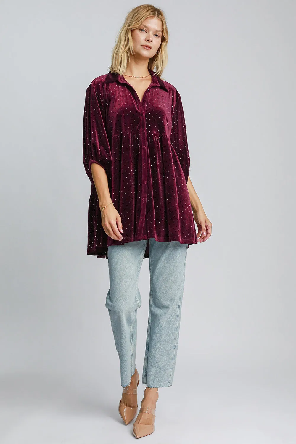 Burgundy Polka Dot Button Up Half Sleeve Shirt