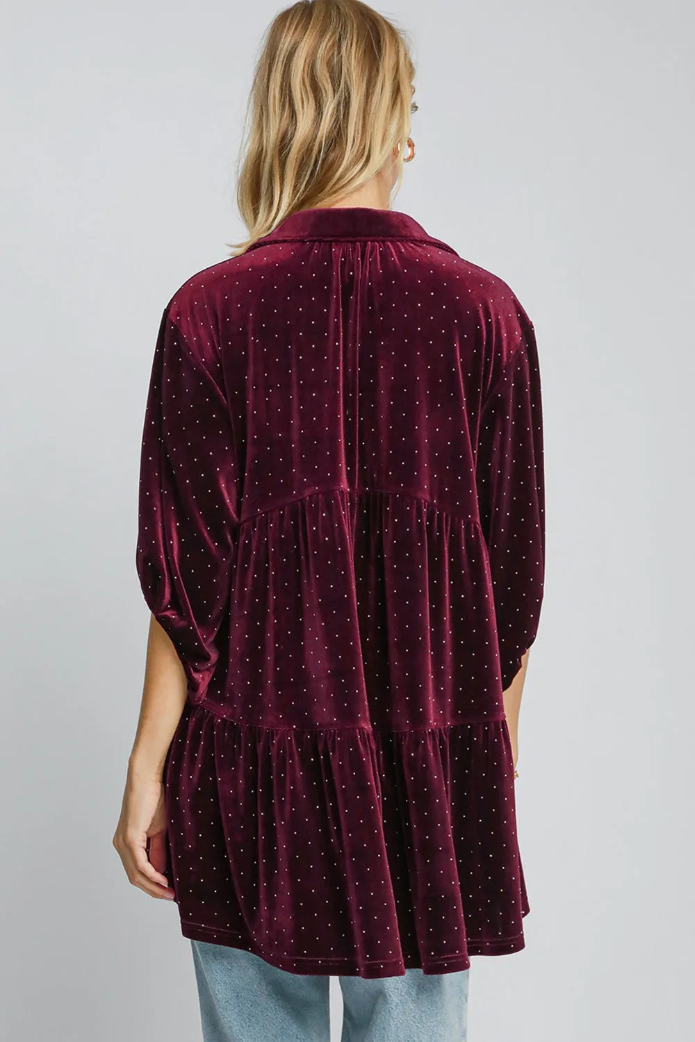 Burgundy Polka Dot Button Up Half Sleeve Shirt