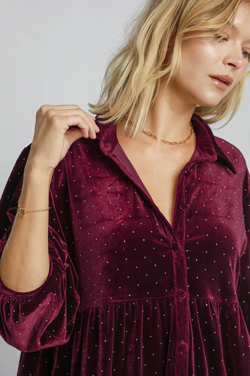 Burgundy Polka Dot Button Up Half Sleeve Shirt