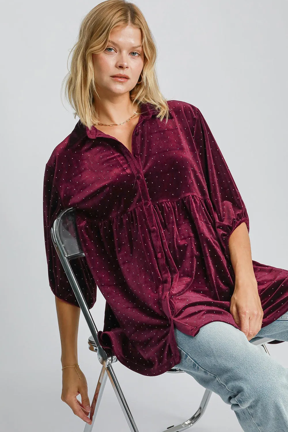 Burgundy Polka Dot Button Up Half Sleeve Shirt
