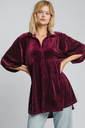 Burgundy Polka Dot Button Up Half Sleeve Shirt