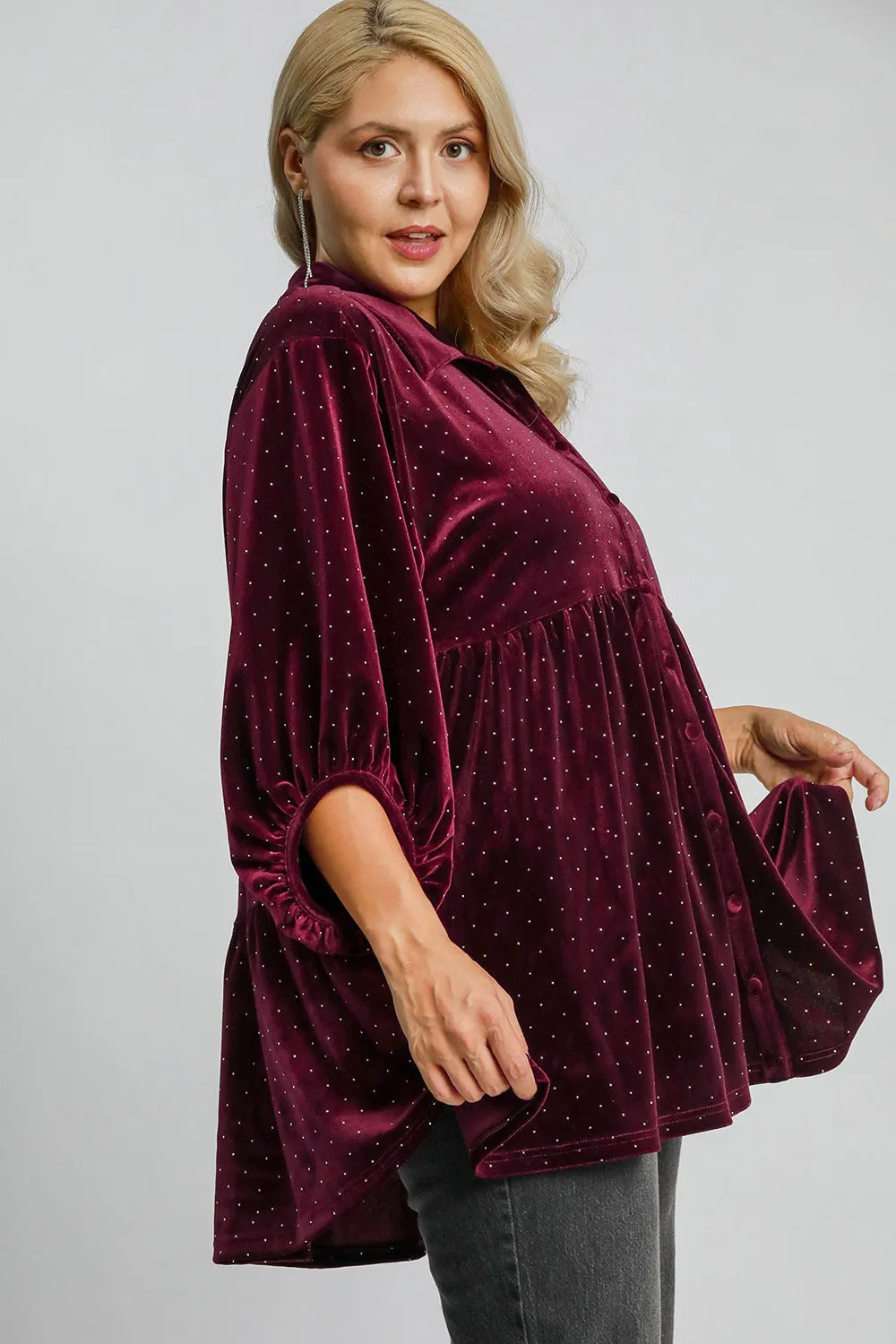 Burgundy Polka Dot Button Up Half Sleeve Shirt