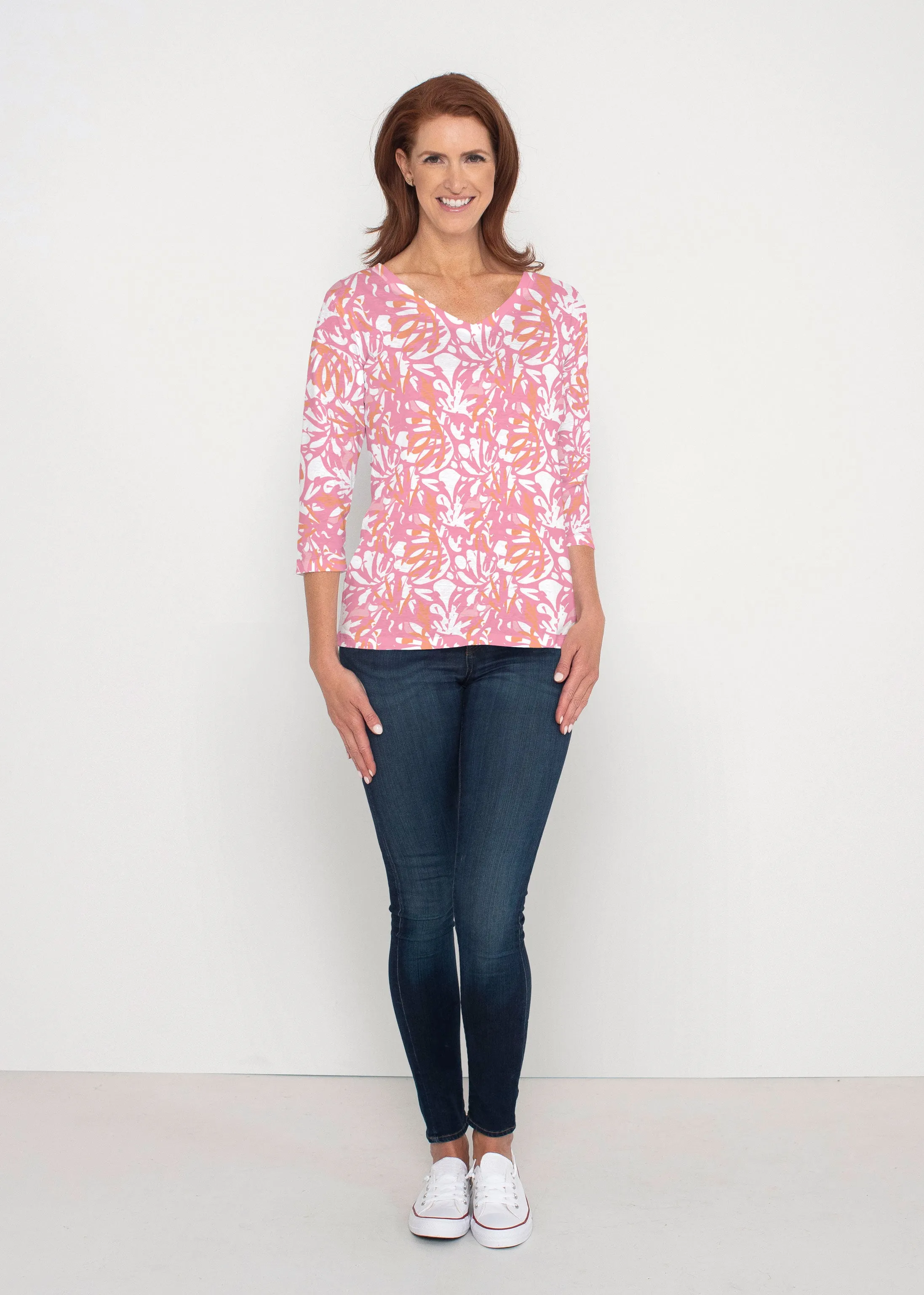 Camouflage Dots Pink (7912) ~ Signature 3/4 Sleeve V-Neck Top
