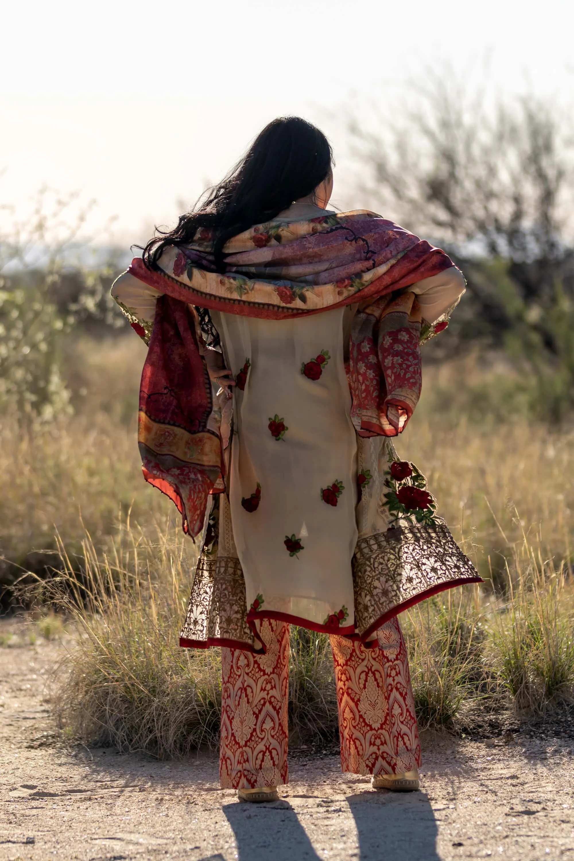 Chiffon Rose Embroidery Suit with Brocade-Jamawar Pants and Silk Scarf