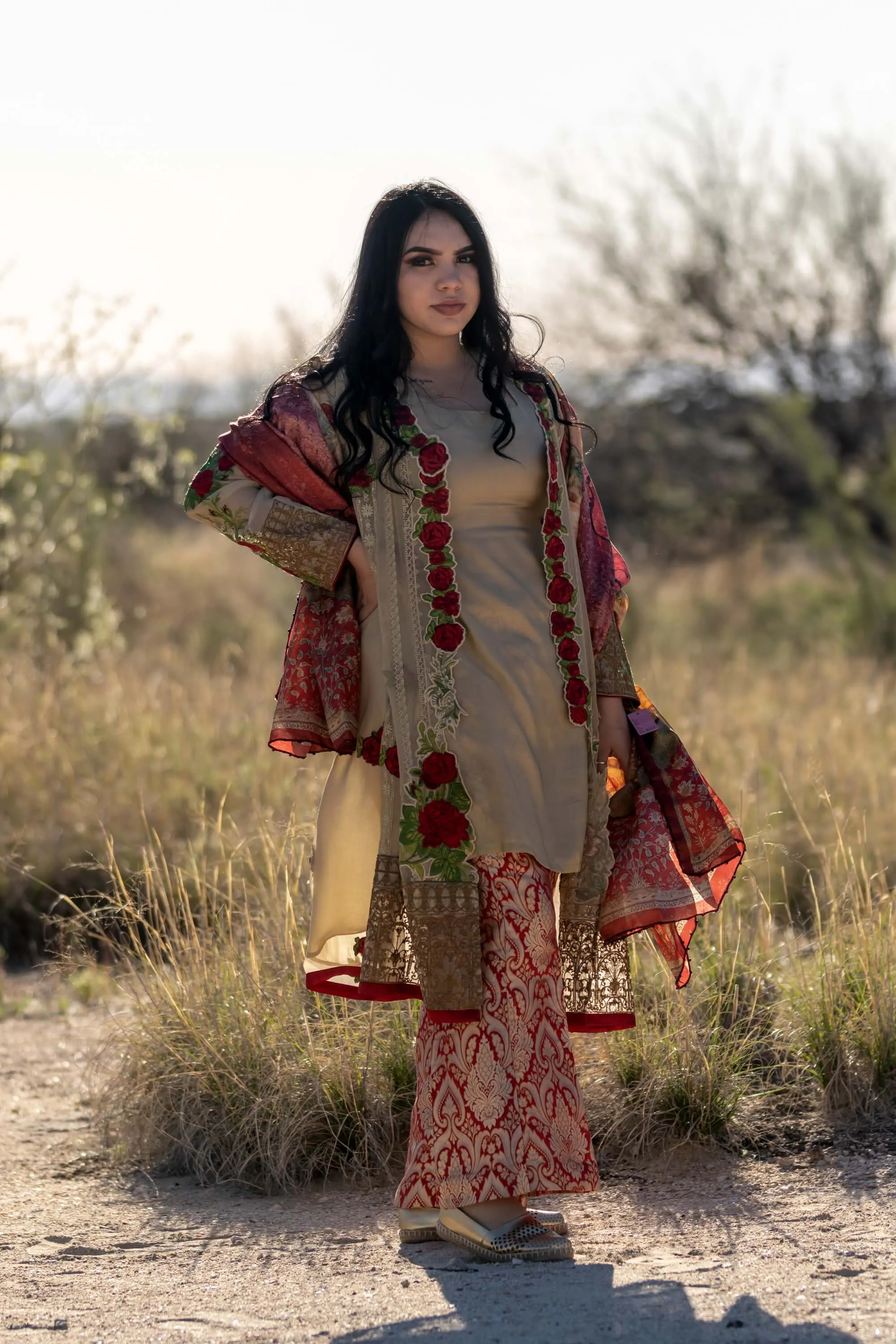 Chiffon Rose Embroidery Suit with Brocade-Jamawar Pants and Silk Scarf