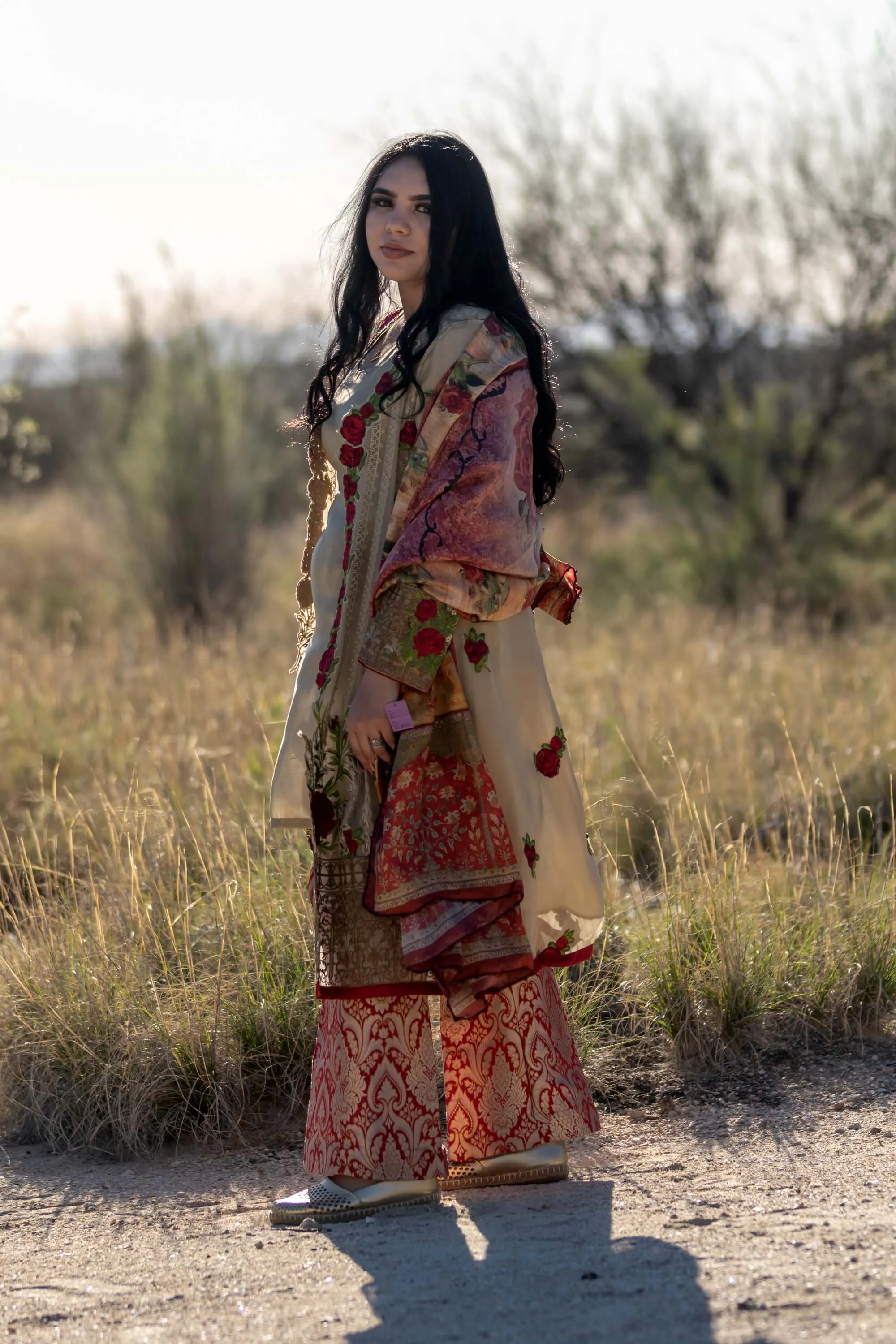 Chiffon Rose Embroidery Suit with Brocade-Jamawar Pants and Silk Scarf