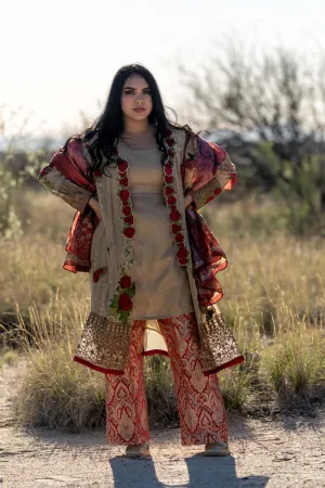 Chiffon Rose Embroidery Suit with Brocade-Jamawar Pants and Silk Scarf