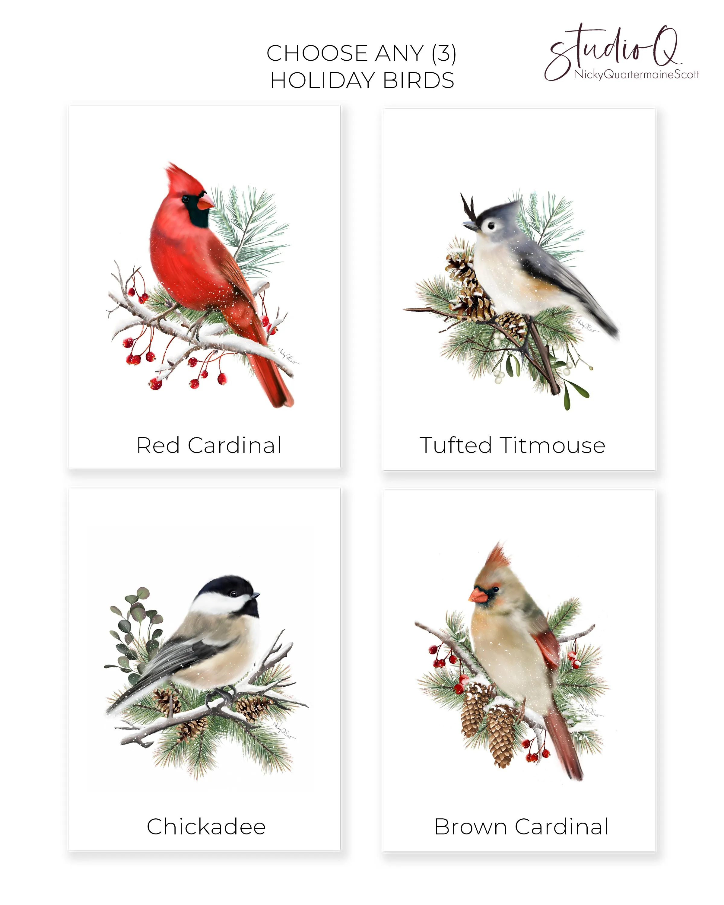 Christmas Bird Art Prints - Set of 3