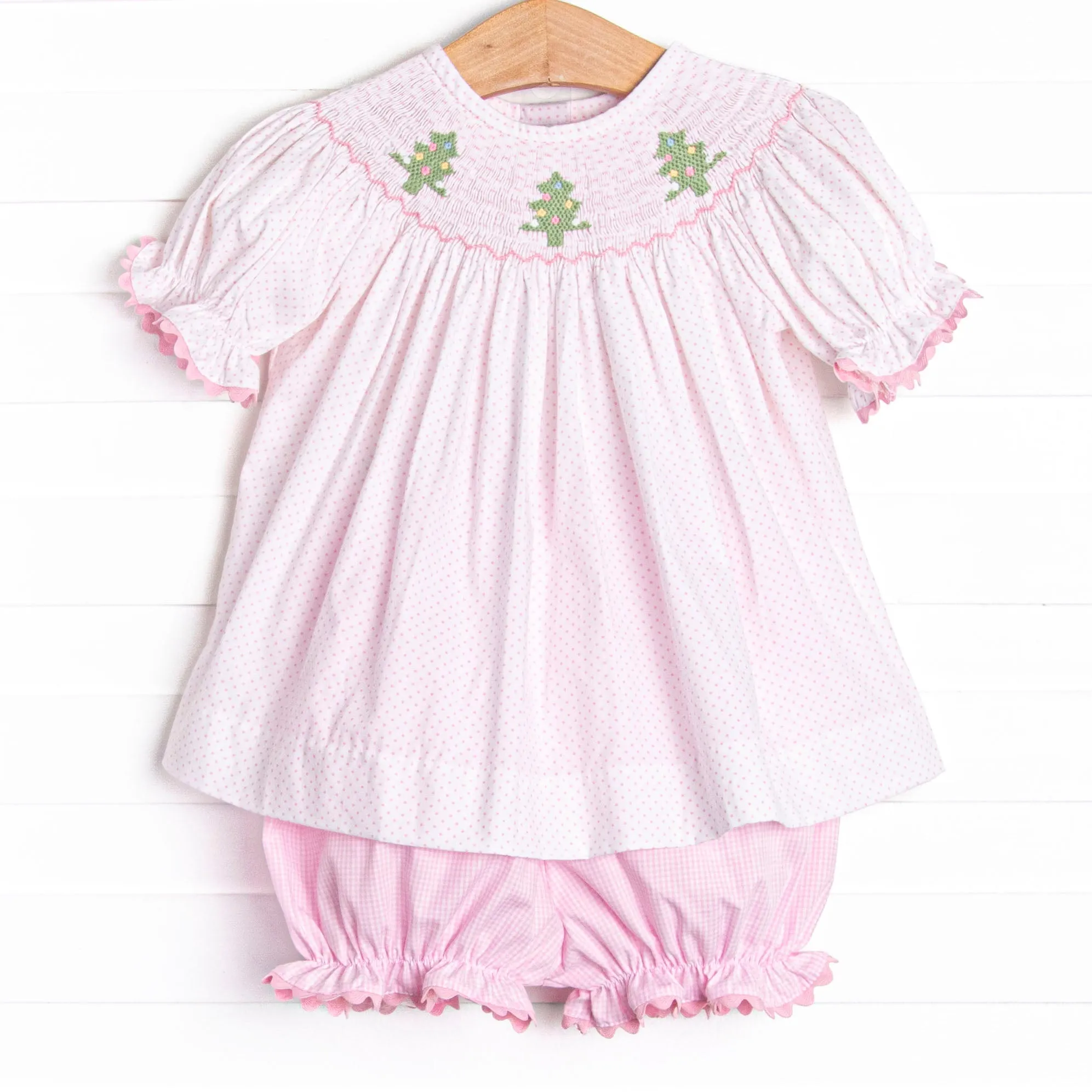 Christmas Tree Trio Smocked Bloomer Set, Pink Gingham
