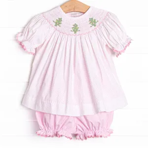 Christmas Tree Trio Smocked Bloomer Set, Pink Gingham